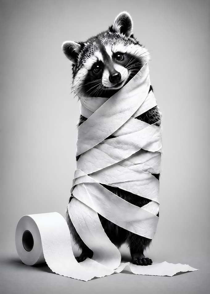 Raccoon Wrapped in Toilet Paper