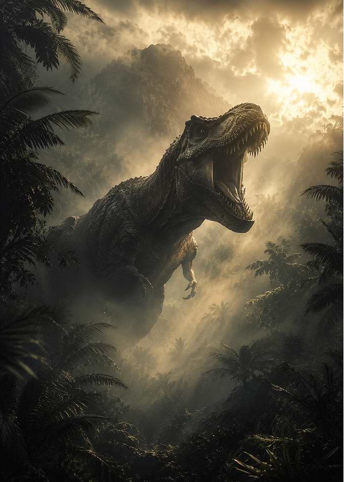 Roaring T-Rex in Misty Jungle