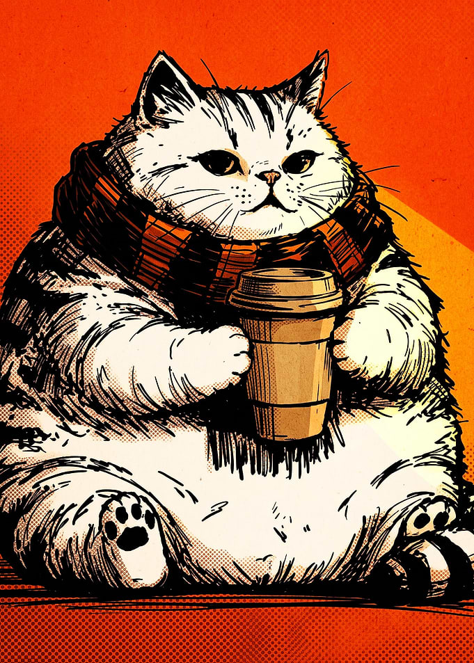 Chubby Cat Holding Coffee Cup