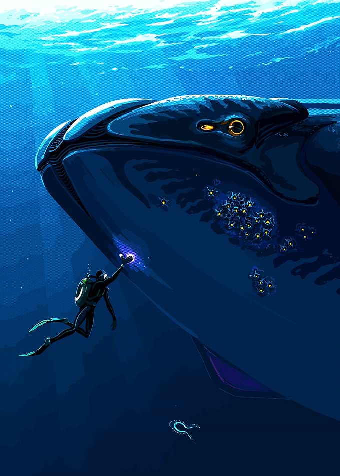 Diver Touching a Bioluminescent Whale