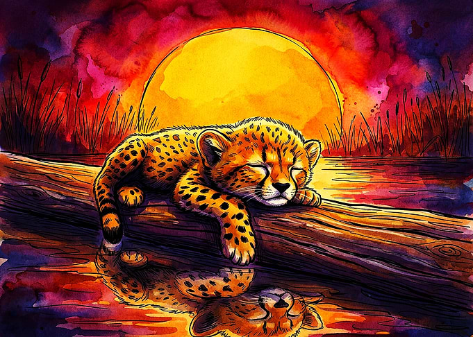 Sleeping Cheetah Cub at Sunset