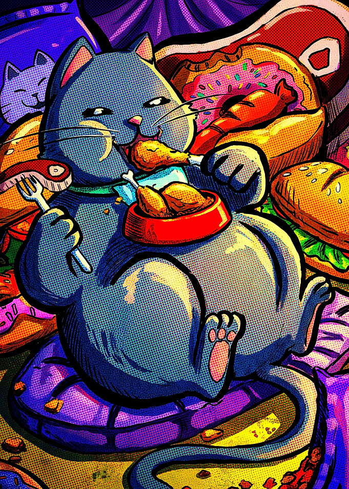Gluttonous Cartoon Cat Eating Feast