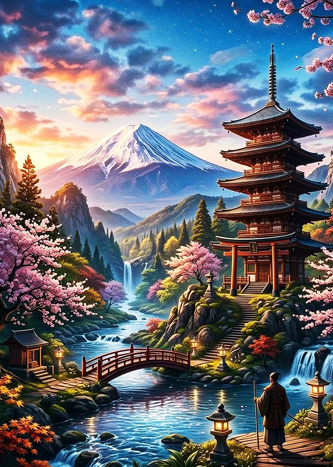 Serene Japanese Temple and Mount Fuji