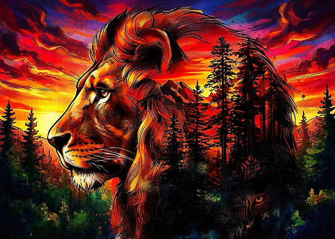 Double Exposure Lion Forest Sunset Art