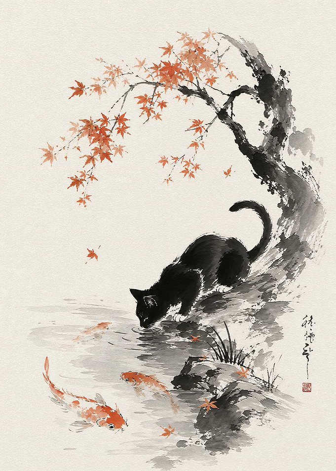 Black Cat and Koi Fish Painting