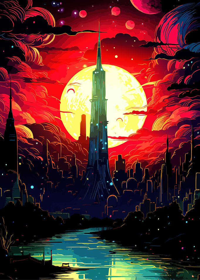 Futuristic Skyscraper Under Crimson Moon