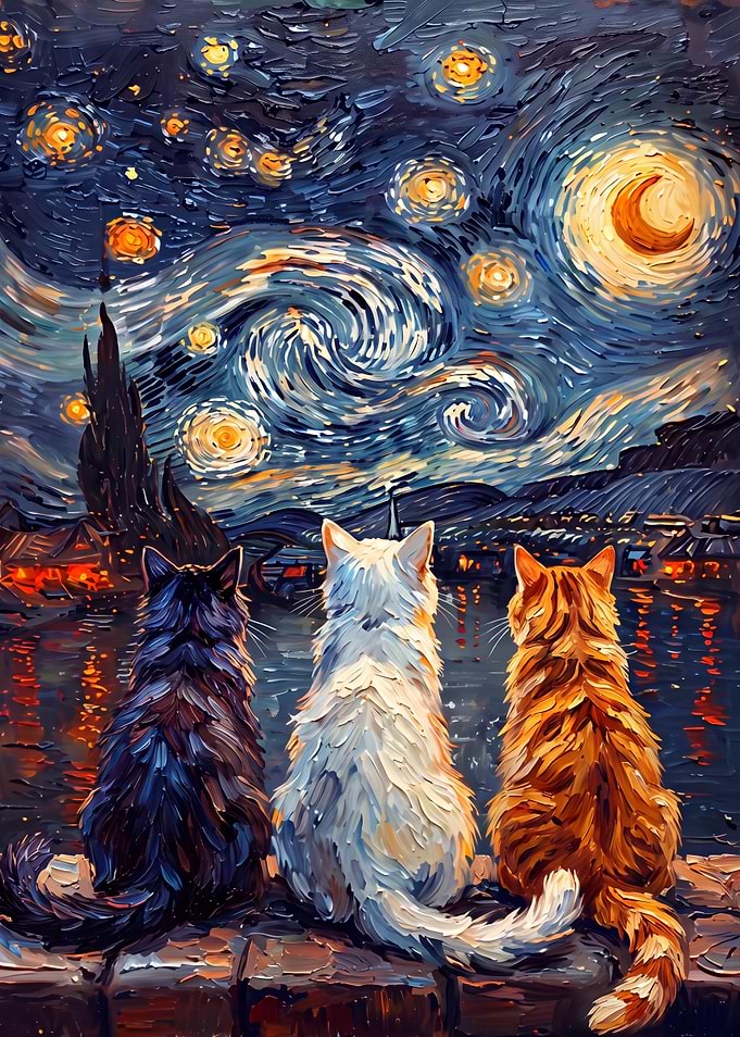 Three Cats Watching Starry Night