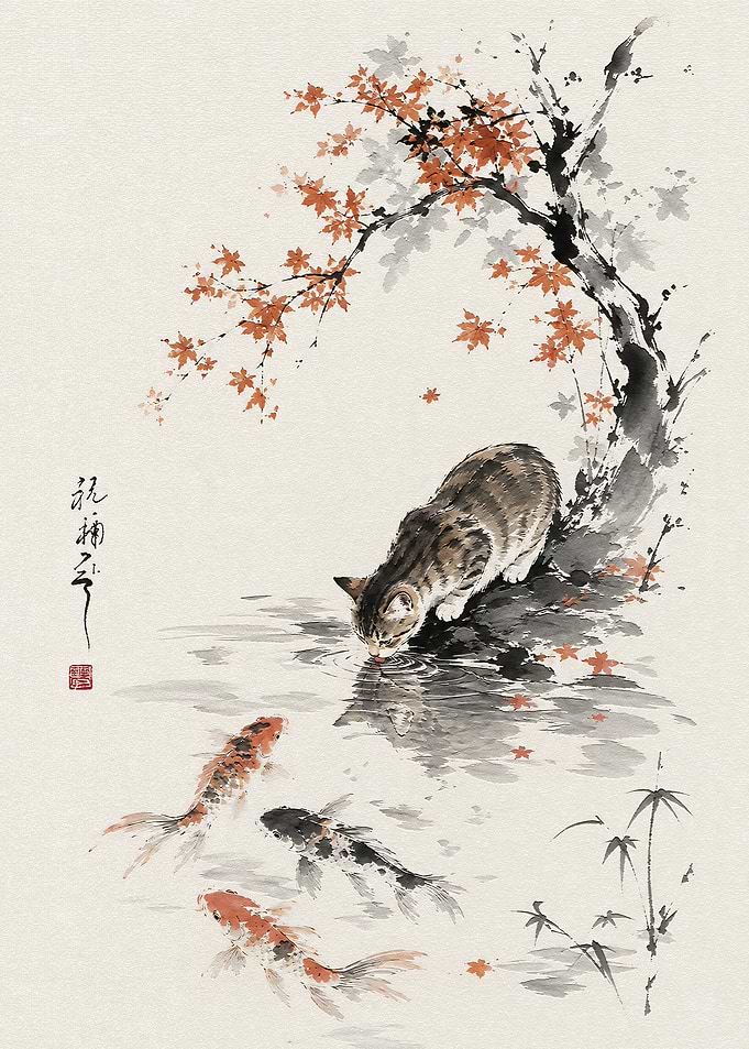 Cat Drinking by Koi Pond