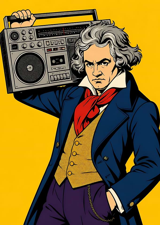 Beethoven Holding a Retro Boombox