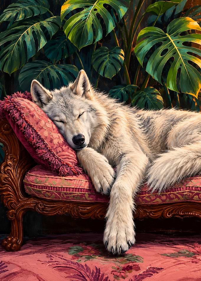 Wolf Sleeping on Ornate Red Sofa
