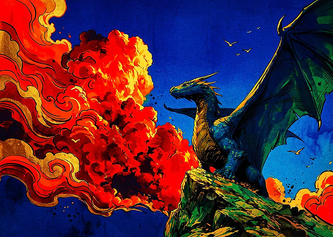 Blue Dragon Perched on Mountain Peak