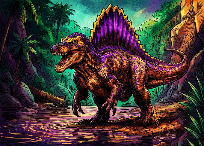 Vibrant Spinosaurus in Tropical Jungle