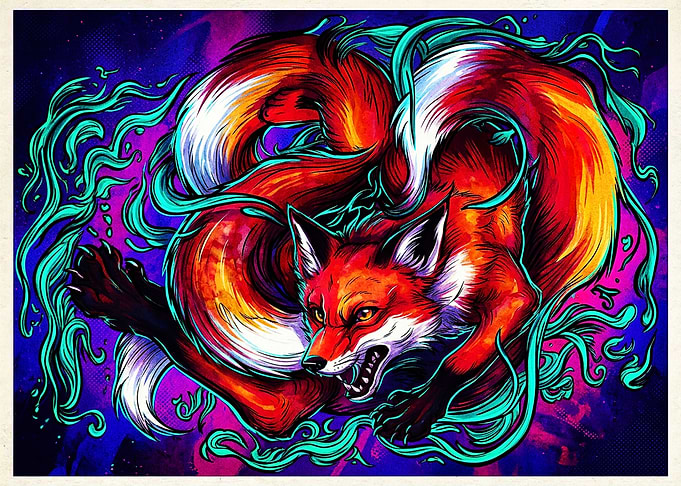 Vibrant Nine-Tailed Fox Illustration