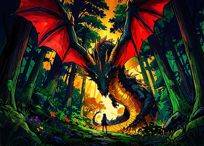 Dragon Confronting a Lone Traveler