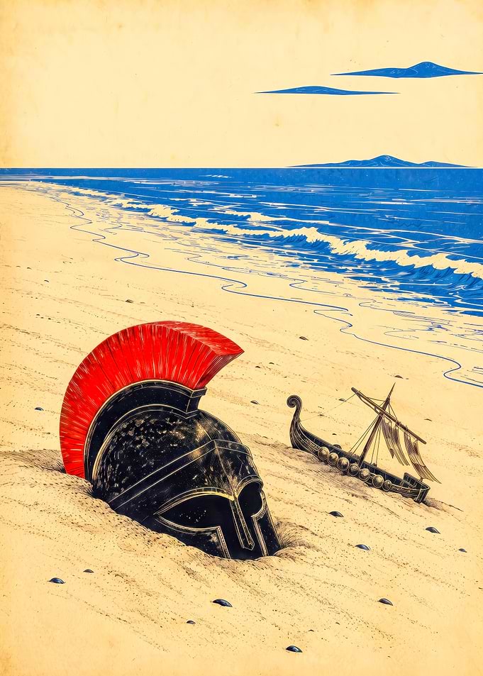 Spartan Helmet and Ship on Beach the odyssey