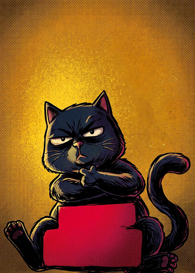 Grumpy Black Cat Cartoon Illustration