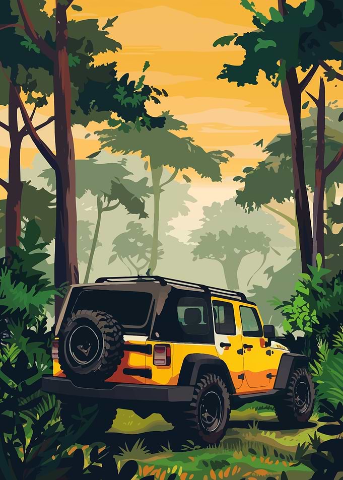 Yellow Off-Road Jeep in Jungle