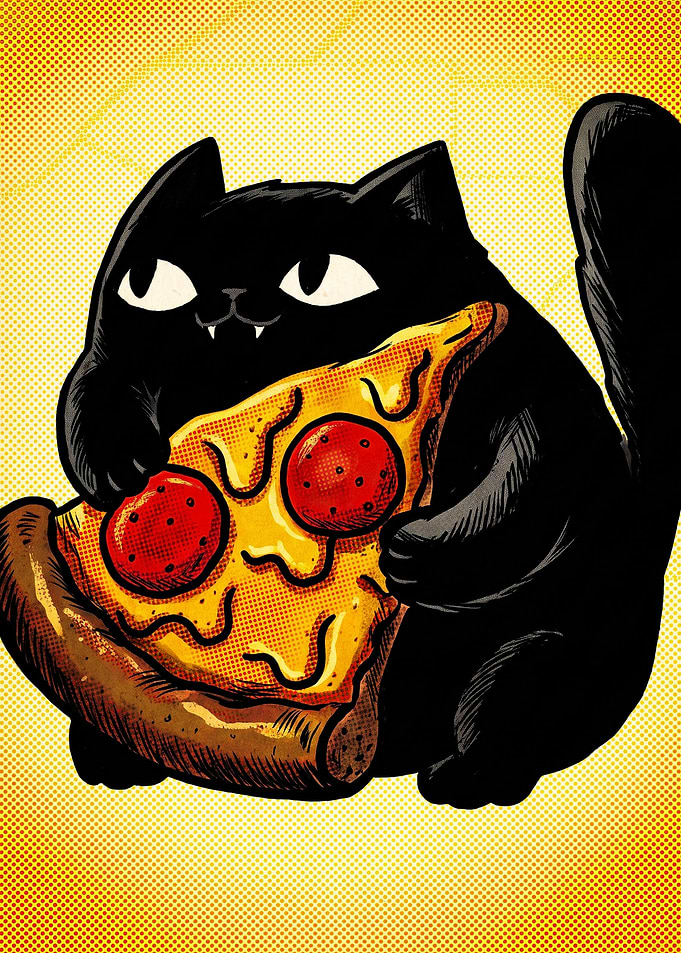 Cute Black Cat Eating Pizza Slice