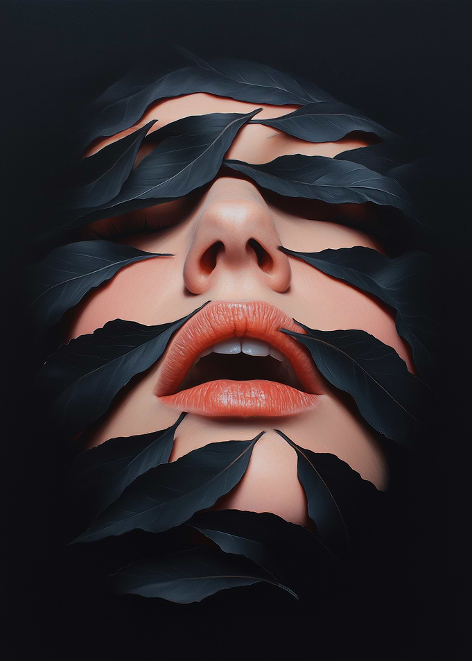 Surreal Female Portrait with Dark Leaves