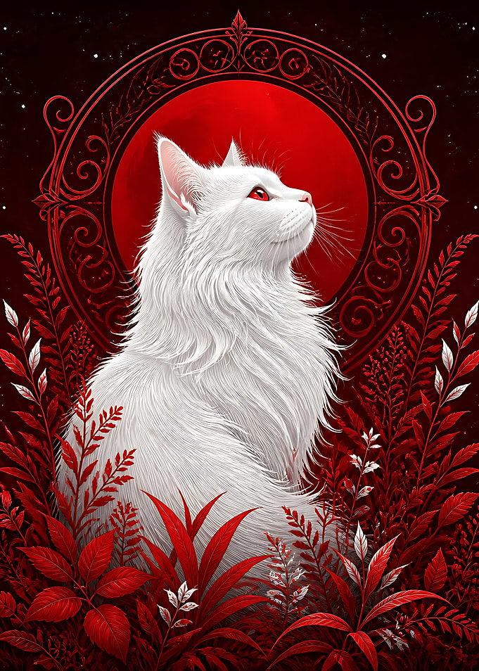 White Cat in Red Garden