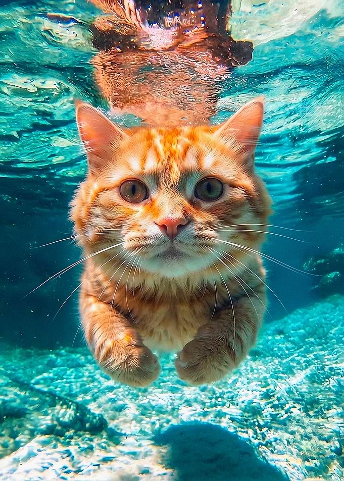 Ginger Cat Swimming Underwater
