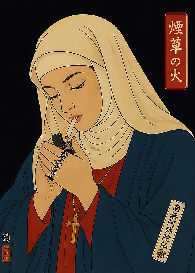 Nun Lighting a Cigarette Ukiyo-e Style