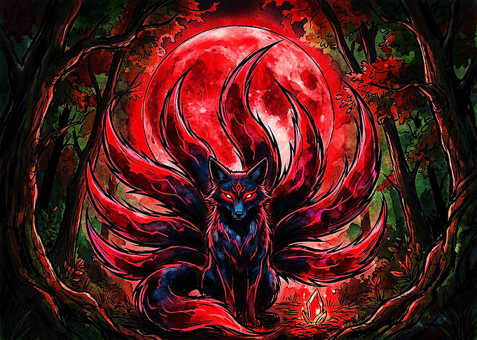 Nine-Tailed Fox Under Red Moon