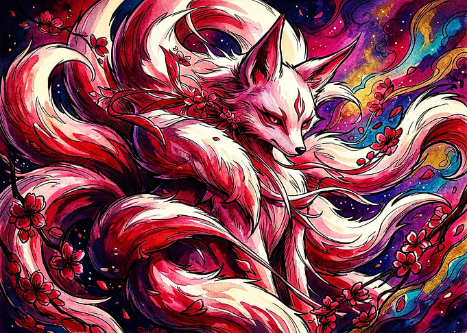 Vibrant Nine-Tailed Kitsune Fox Illustration