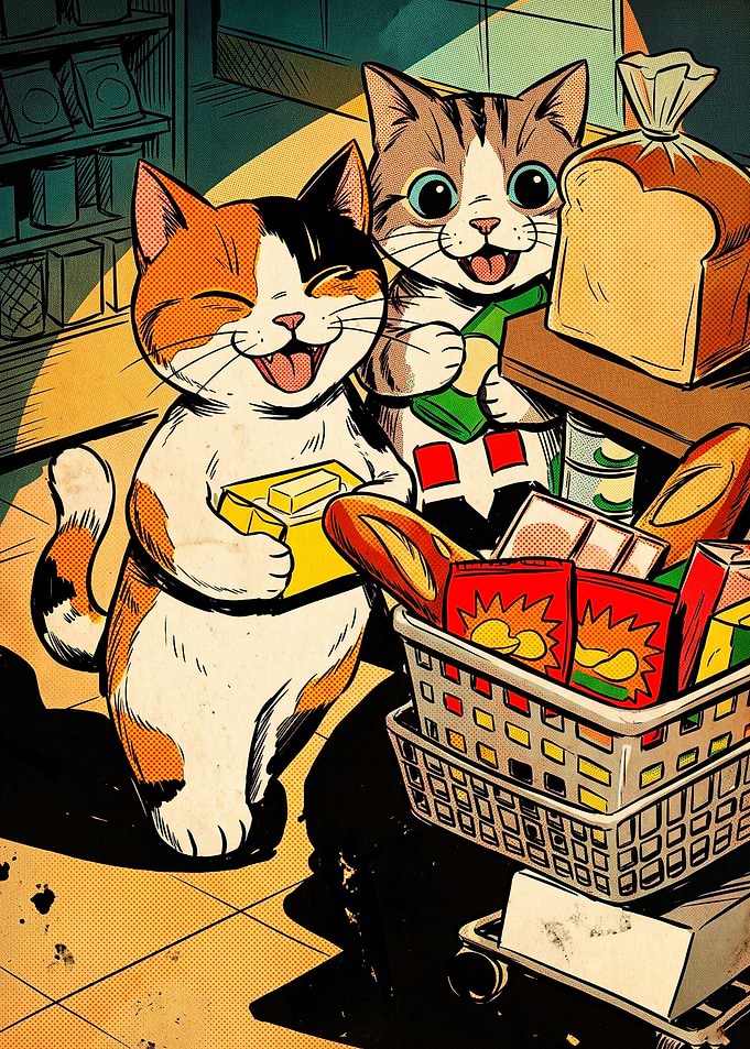 Cute Cats Grocery Shopping Illustration