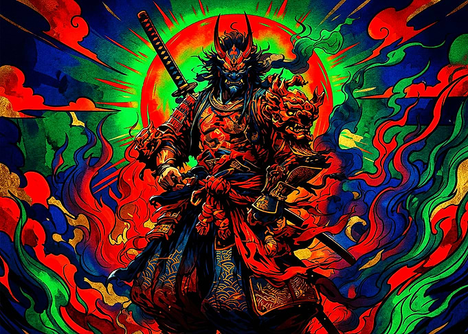 Vibrant Oni Samurai Warrior Illustration