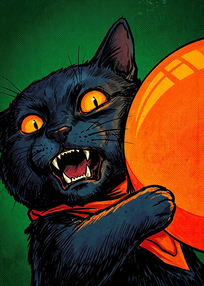 Fierce Black Cat with Orange Balloon