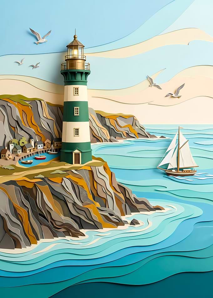 Papercraft Lighthouse Coastal Scene