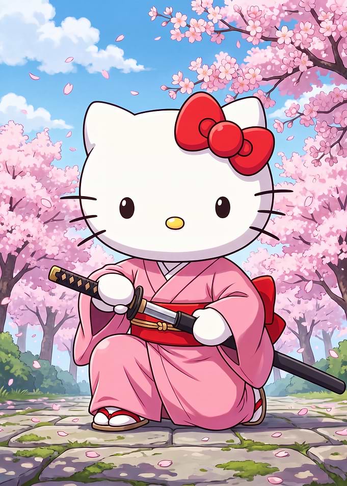 Hello Kitty Samurai in Cherry Blossoms