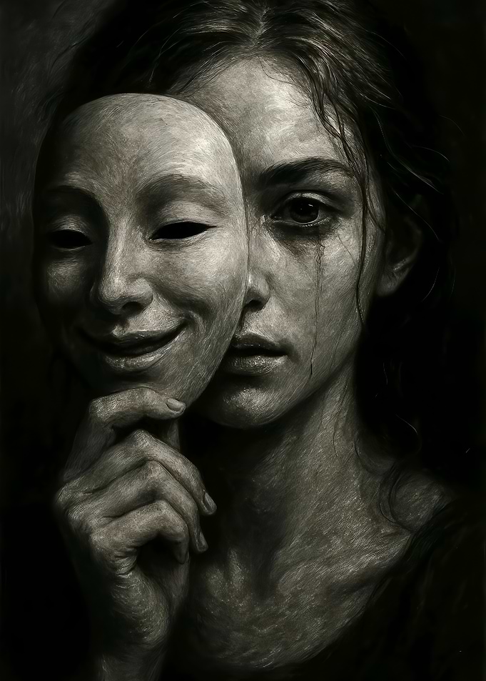 Crying Woman Holding Smiling Mask