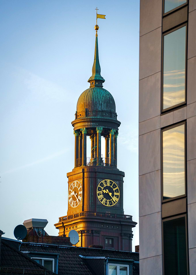 St. Michael's Church Tower in Hamburg at sunset