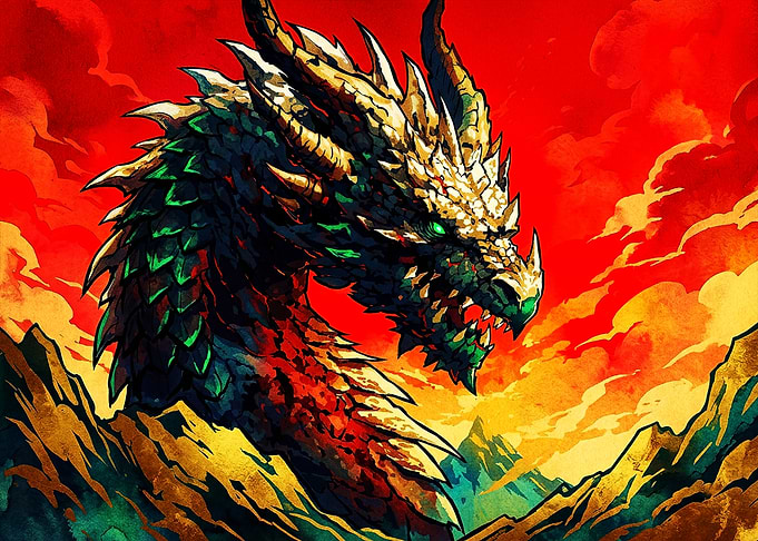 Fierce Dragon Against Fiery Sunset