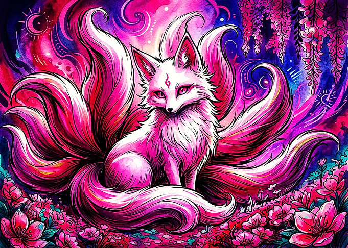 Vibrant Nine-Tailed Kitsune Fox Illustration