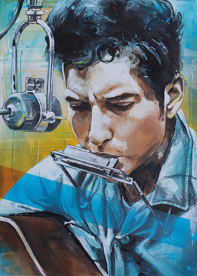 Bob Dylan Painting Playing Harmonica