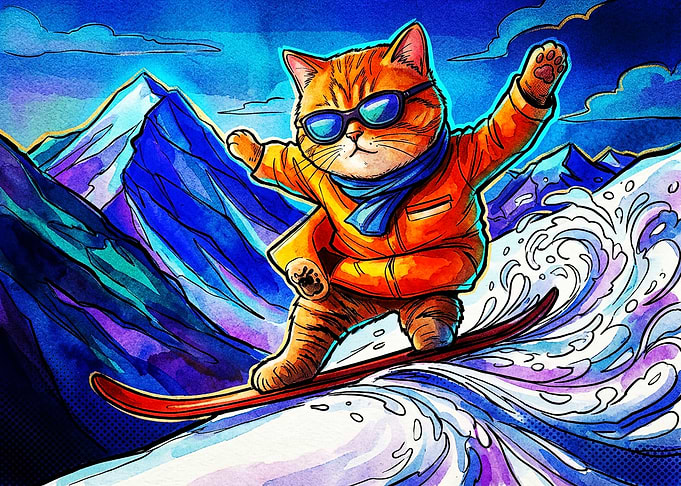 Cool Cat Snowboarding Down Mountain