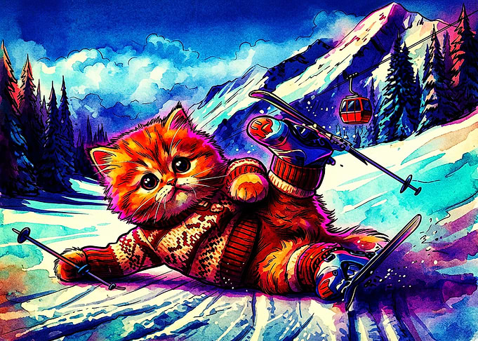 Cute Ginger Kitten Skiing in Mountains