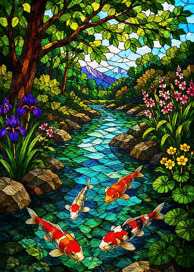 Stained Glass Koi Pond Landscape