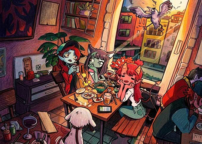 Fantasy Friends Dining in Cozy Cafe