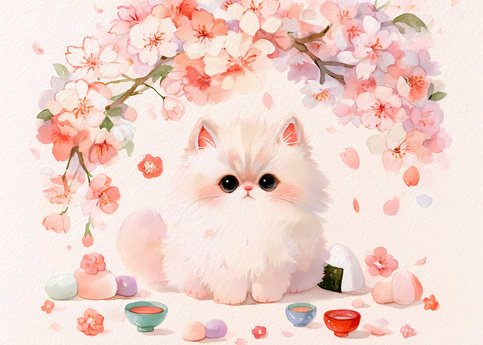 Fluffy Kitten Under Cherry Blossoms