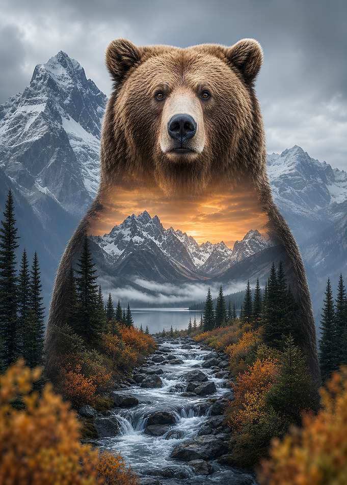 Double Exposure Grizzly Bear Mountain Landscape