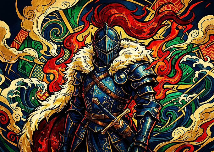 Armored Knight with Fiery Background