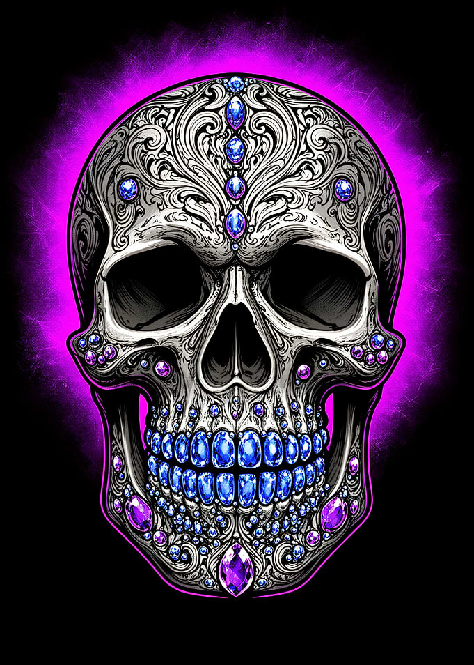 Jeweled Ornate Skull with Purple Glow
