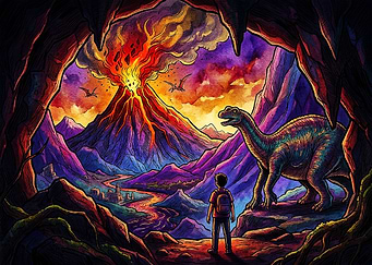 Boy and Dinosaur Watching Volcano Eruption