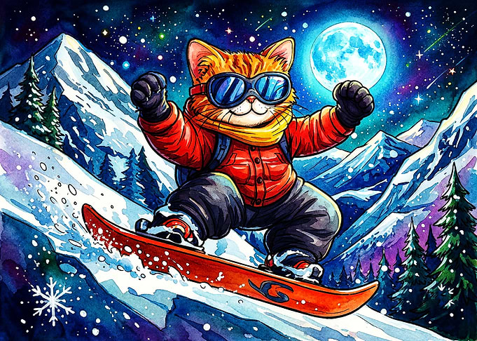 Cute Cat Snowboarding Under Moonlight