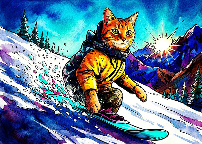 Orange Tabby Cat Snowboarding
