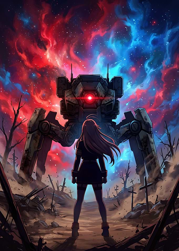 Girl Facing Giant Mech in Wasteland